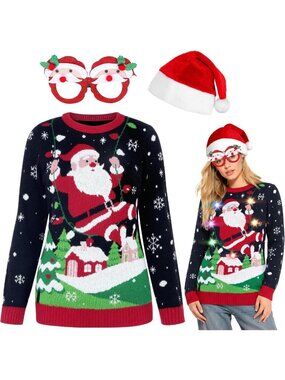 Medium Black Santa Claus Ugly Christmas Sweater with Glasses & Hat
